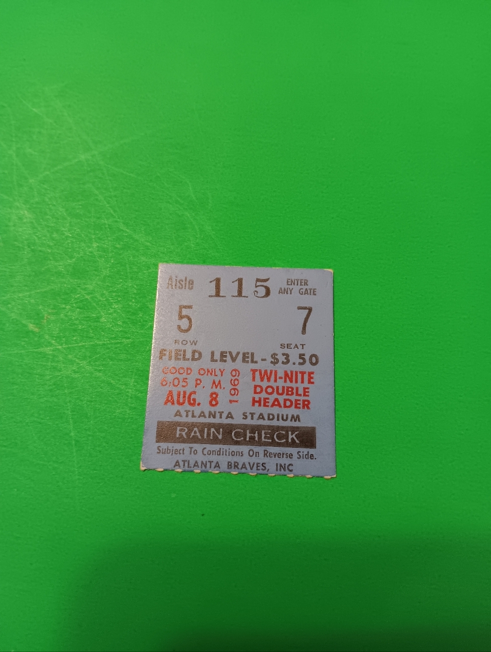 8-08-1969 Atlanta Braves Vs New York Mets Ticket Stub Double Header Aaron 3 Hits